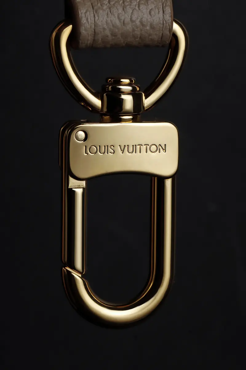 LV 複刻包金色龍蝦扣五金微距：LOUIS VUITTON 刻字在金屬牌上