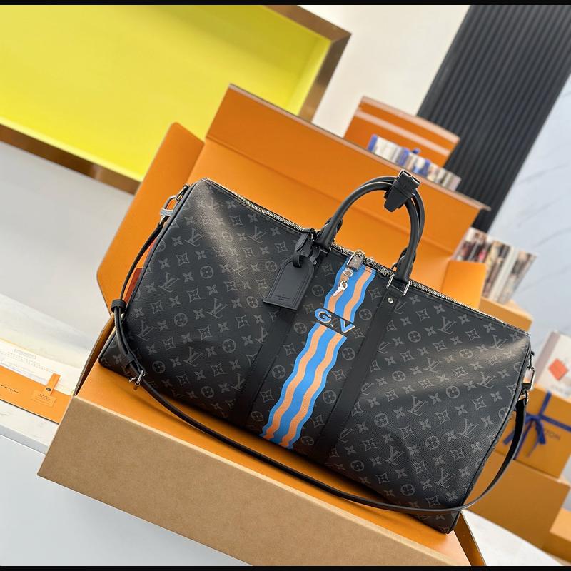 LV Keepall Bandoulière 55 絲印 · 黑灰彩條 複刻實拍圖 1