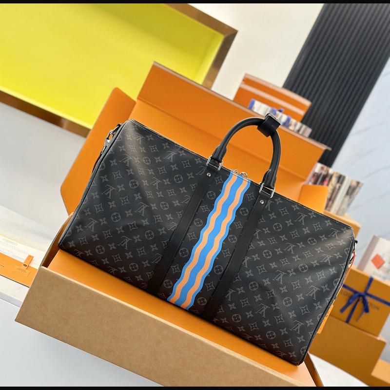 LV Keepall Bandoulière 55 絲印 · 黑灰彩條 複刻實拍圖 2
