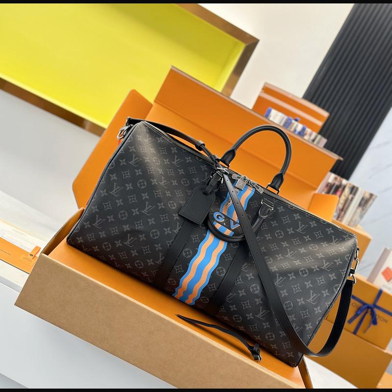 LV Keepall Bandoulière 55 絲印 · 黑灰彩條 複刻實拍圖 5