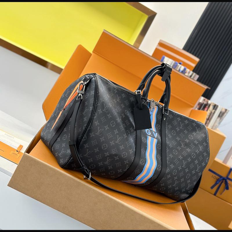 LV Keepall Bandoulière 55 絲印 · 黑灰彩條 複刻實拍圖 6